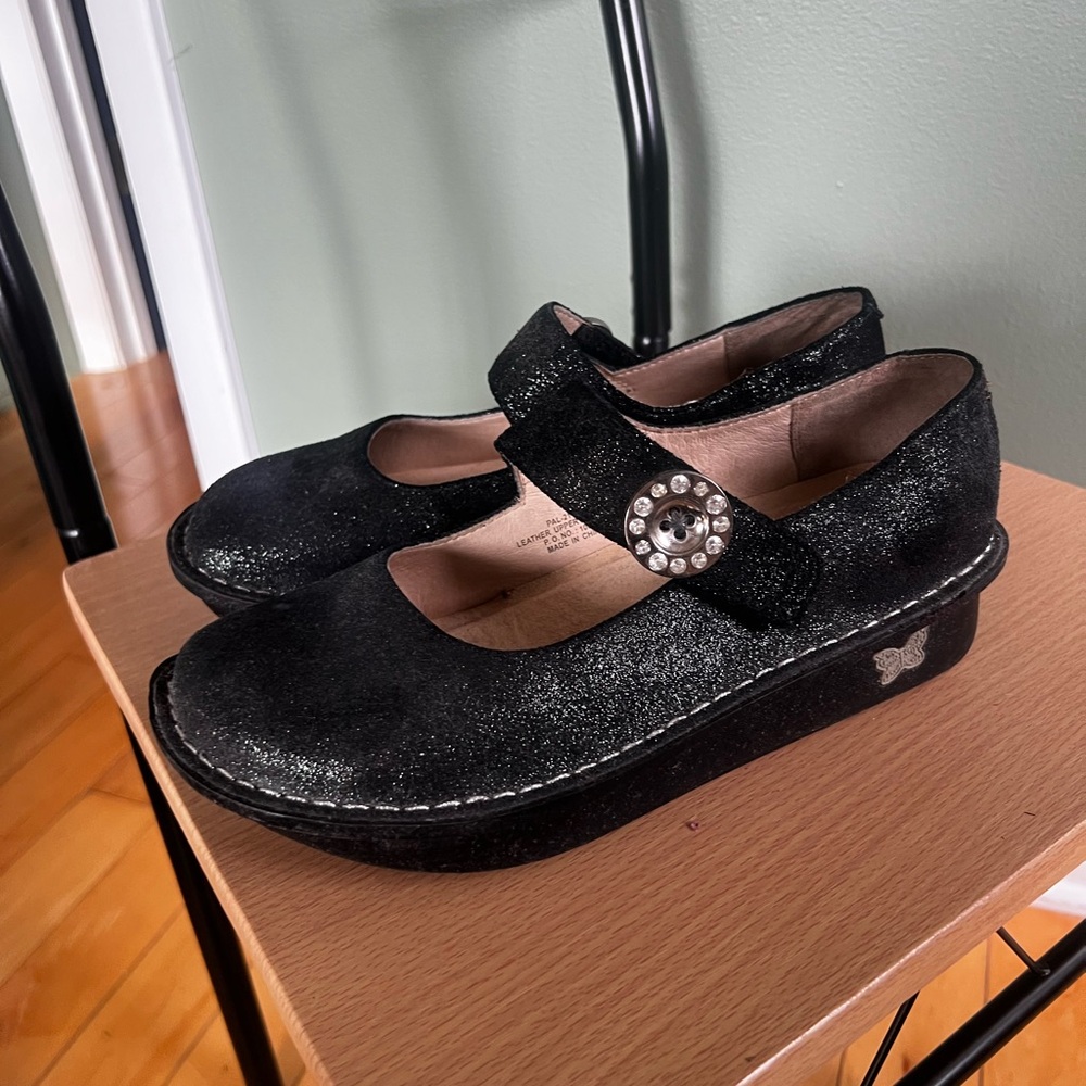 Alegria Black Suede Mary Jane Clogs with purple shimmer (38) - Picture 3 of 14